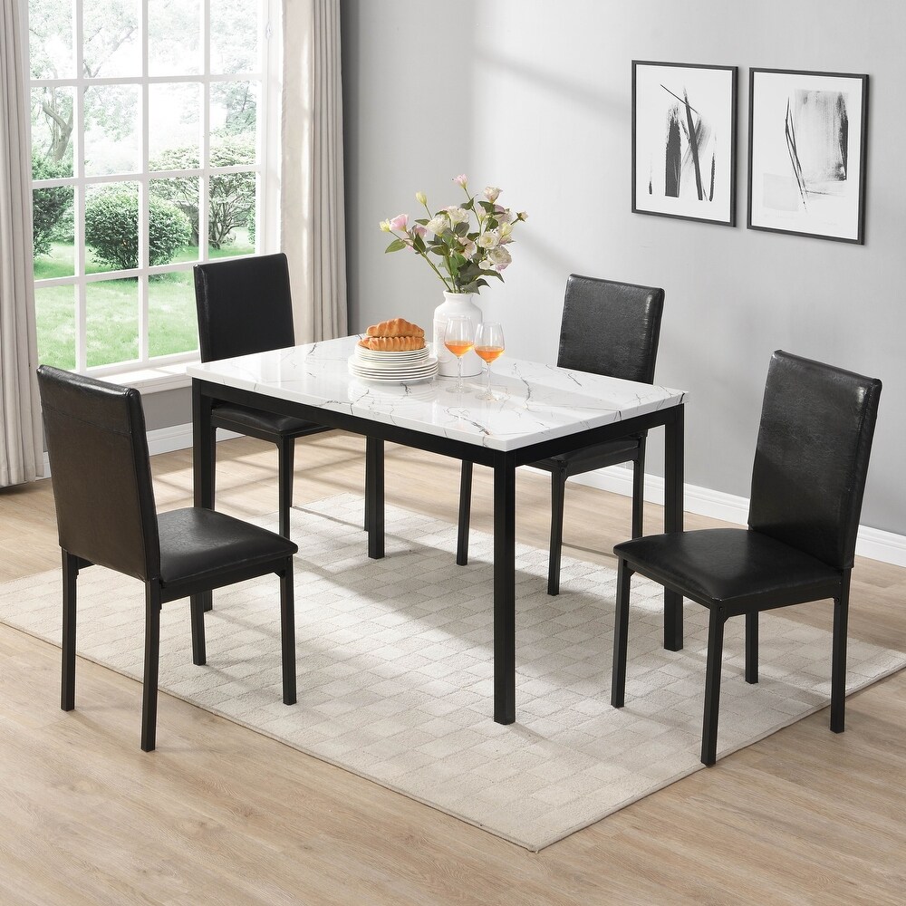 5pc Dining Set  Faux Marble Top Table and 4x Side Chais  Metal Frame Dining Furniture