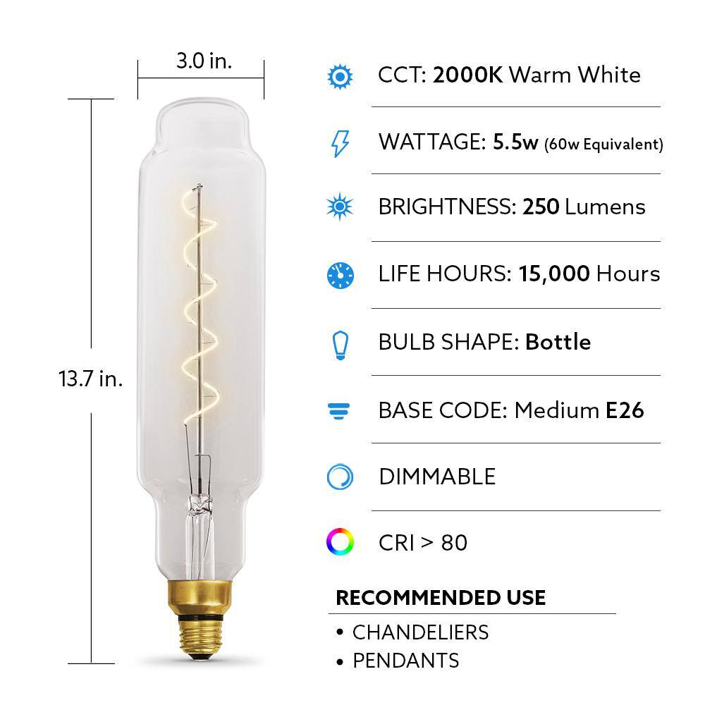 Feit Electric 60-Watt Equivalent Bottle Edison LED Clear Glass Vintage Oversized Spiral Filament Light Bulb Warm White 2000K (1-Bulb) VBSCL820FIL