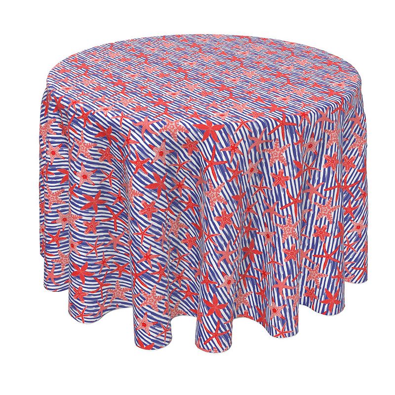 Round Tablecloth， 100% Polyester， 60 Round， Nautical Starfish Stripe