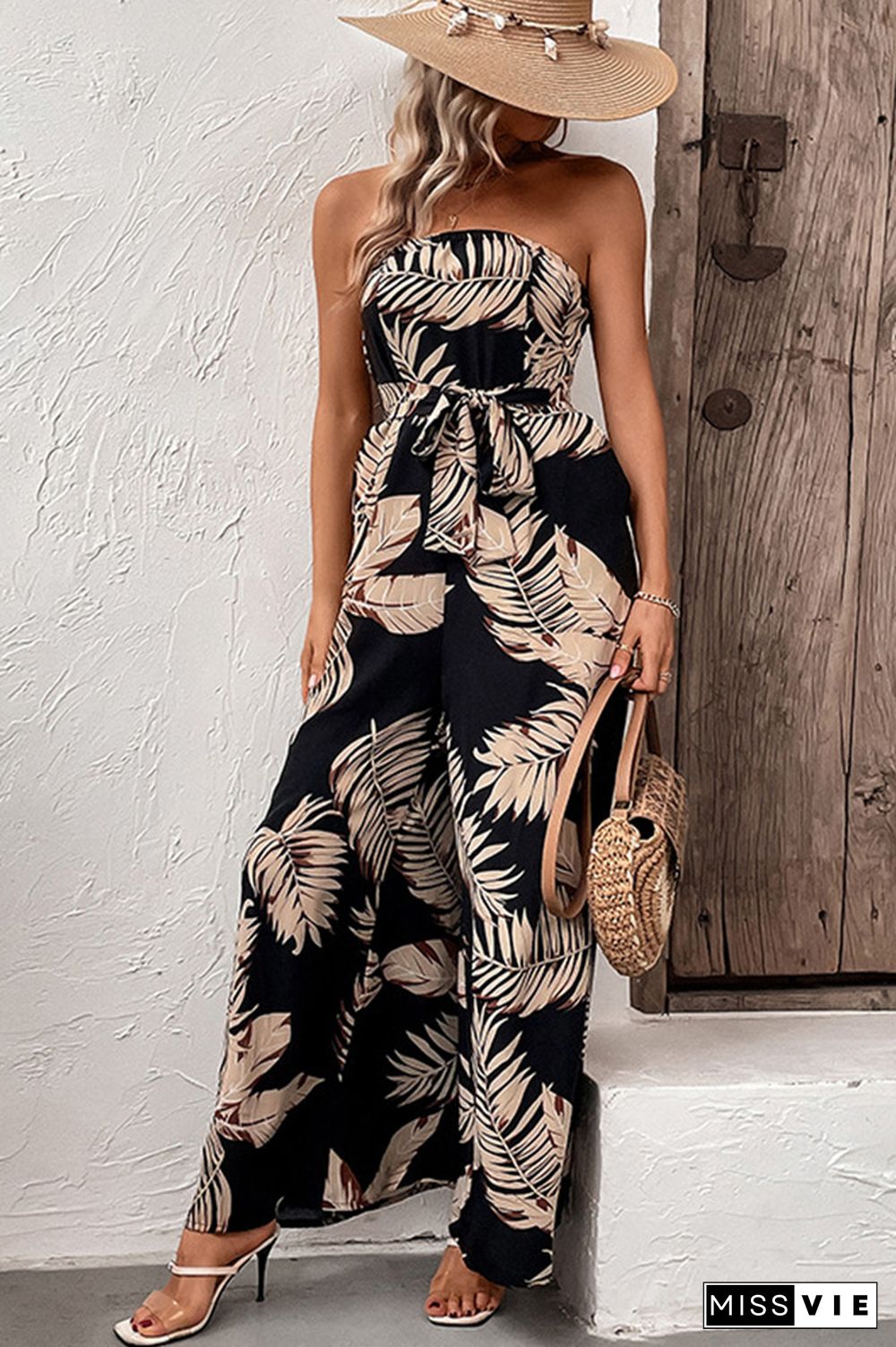 Black Palm Leave Print WIde Leg Jumpsuit