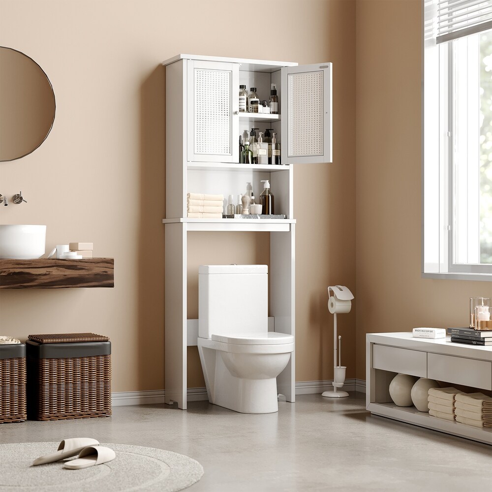 Over The Toilet Storage Cabinet  Free Standing with Breathable Rattan Cabinet Door