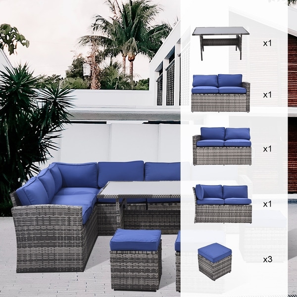 Patio Furniture Set，7 Pieces Sectional Conversation Sofa with Ottomans，All Weather，With Backrest and Removable Cushions