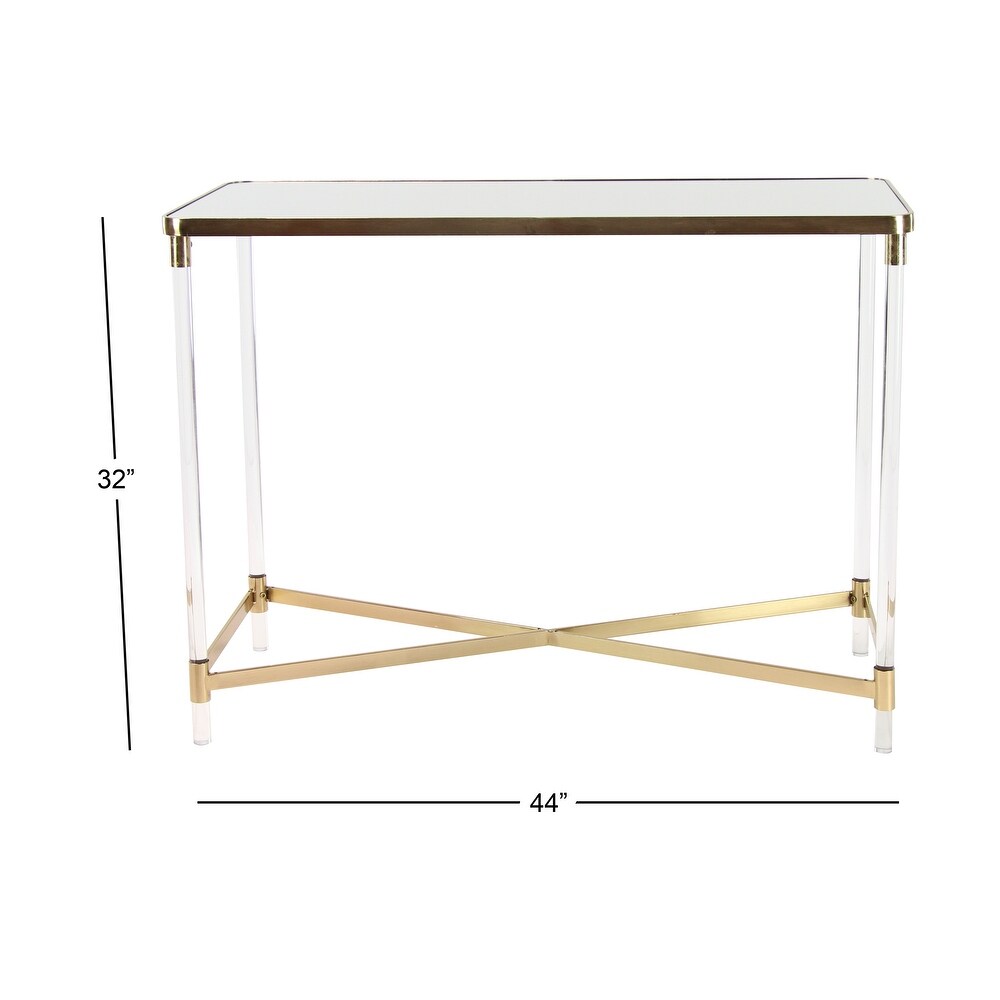 Gold Metal Contemporary Console Table with Mirrored Top and Acrylic Legs