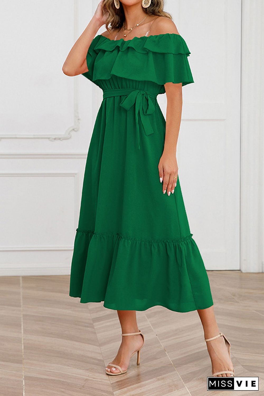 Plain Off Shoulder Ruffles Maxi Dress With Sash