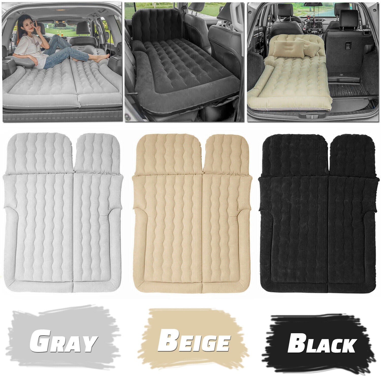 SHZICMY Car Inflatable Air Bed Travel Mattress Seat Sleep Cushion Mat Pillow Pump Camp Gray