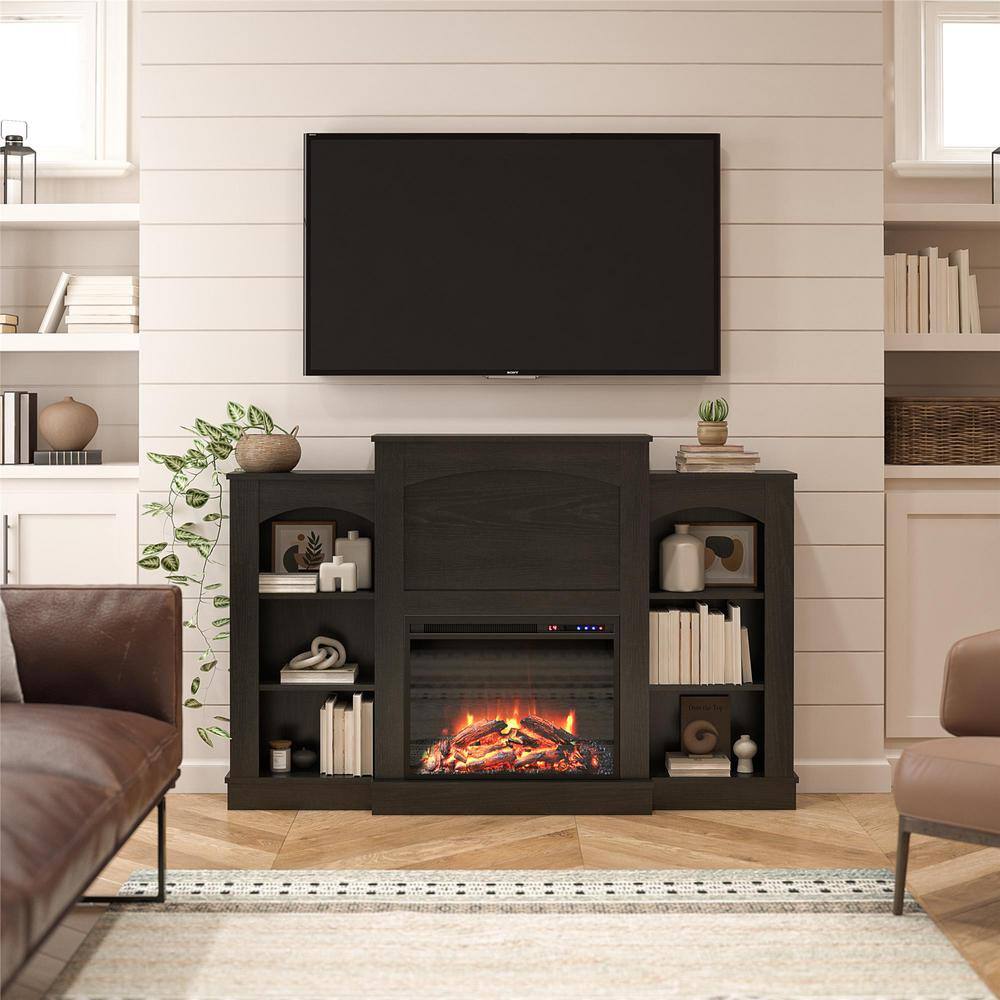 Ameriwood Home Elk Grove 61.02 in. Freestanding Electric Fireplace with Bookshelves in Black Oak HD38318