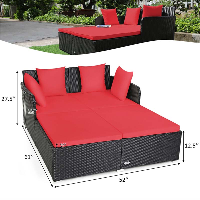 Rattan Wicker Outdoor Daybed Patio Furniture Cushioned Sofa Set with Thick Pillows