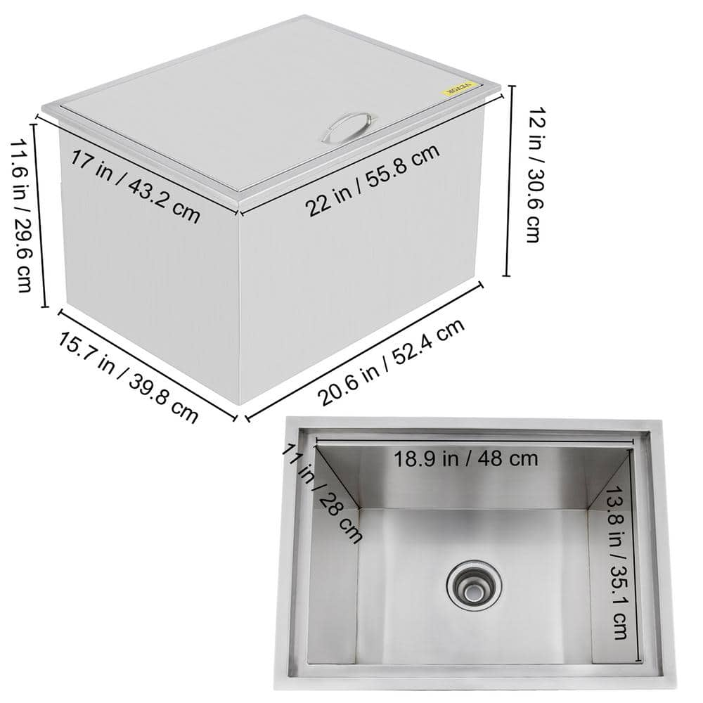 VEVOR 49.7 Qt. Stainless Steel Drop in Ice Chest /Cover 22 x 17 x 12 in. Drop in Cooler Outdoor Kitchen for Cold Wine Beer JG22X170000000001V0