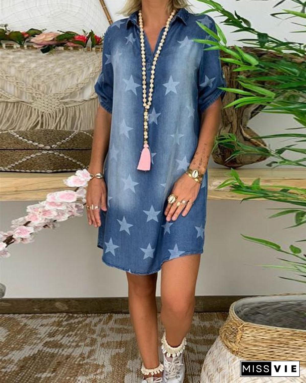 Star Printed Short Sleeve  Denim Skirt Holiday Dresses Shift Daytime Mini Dresss