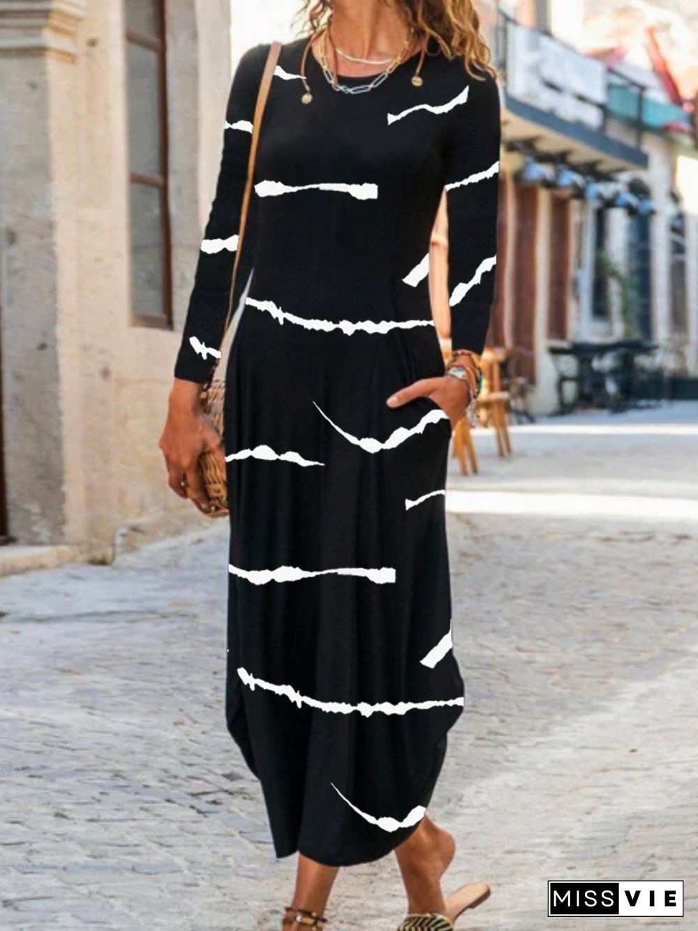 Casual Striped Long Sleeve Crew Neck Printed Dress