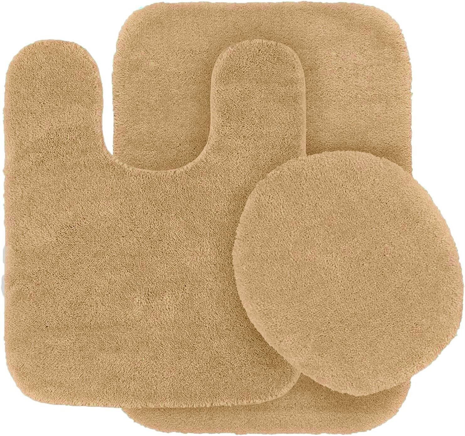 3-Piece Bathroom Rug Set Shiny GOLD Soft Plush， Plain Large Rug ， Contour Mat， and Toilet Lid Cover Rubber Backing