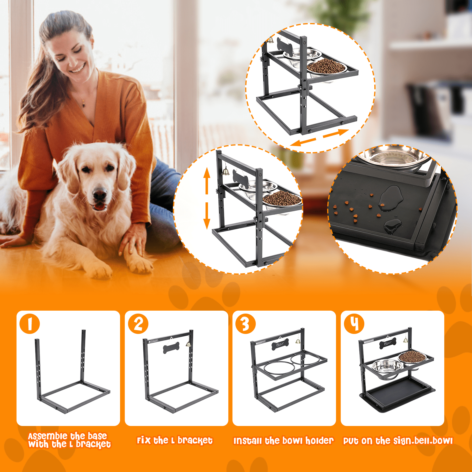 Elevated Dog Bowls,Raised Dog Bowls Stand Adjusable Height with 2 Stainless Steel Dog Food Bowls and Spill Proof Mat, Dog Bowls for Large Medium Dogs and Cats.