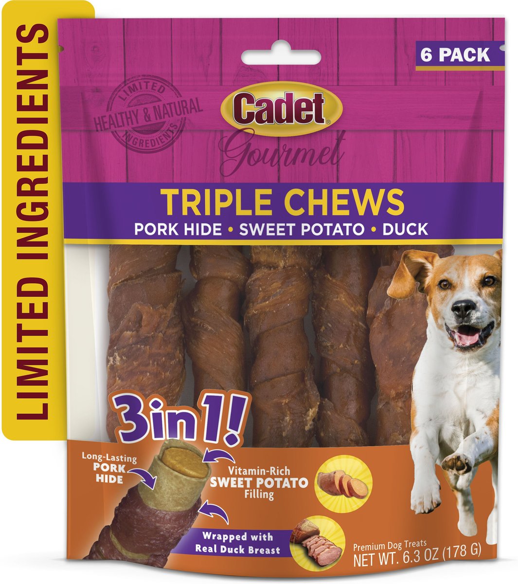 Cadet Gourmet Triple Chews Sweet Potato， Duck， and Pork Hide Twists Dog Treats， 6 count