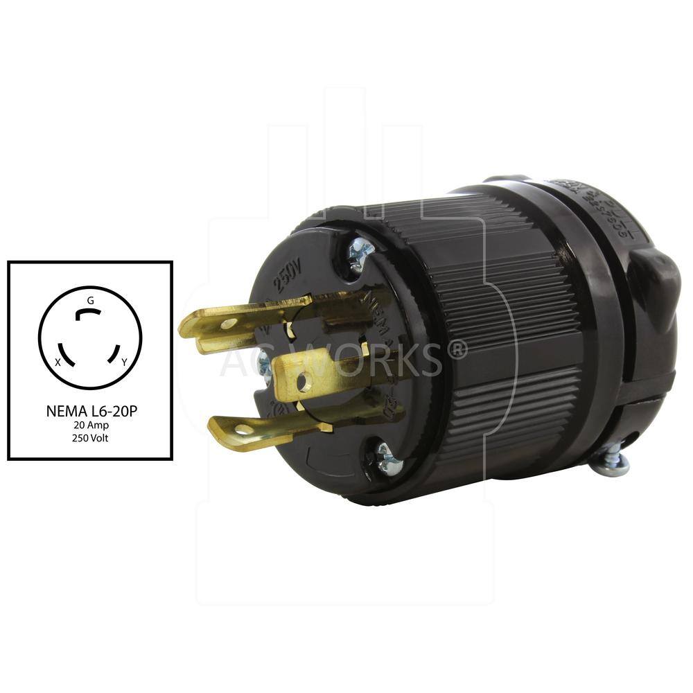 AC WORKS NEMA L6-20P 20 Amp 250-Volt 3-Prong Locking Male Plug with UL C-UL Approval ASL620P-BK