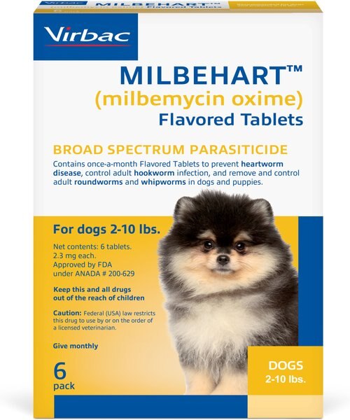 Milbehart Flavored Tablets for Dogs， 2-10 lbs， (Yellow Box)