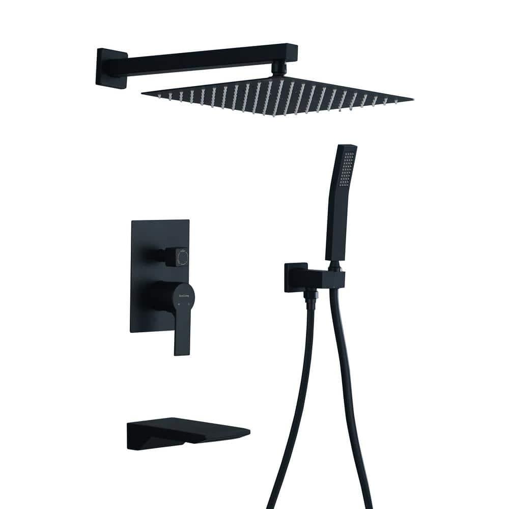 Boyel Living Wall Mount SingleHandle 1Spray Tub and Shower Faucet with 12 in Fixed Shower Head in Matte Black