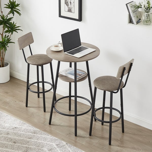 3Pieces Bar Table Set with Double -layer Round Bar Table and 2 Stools