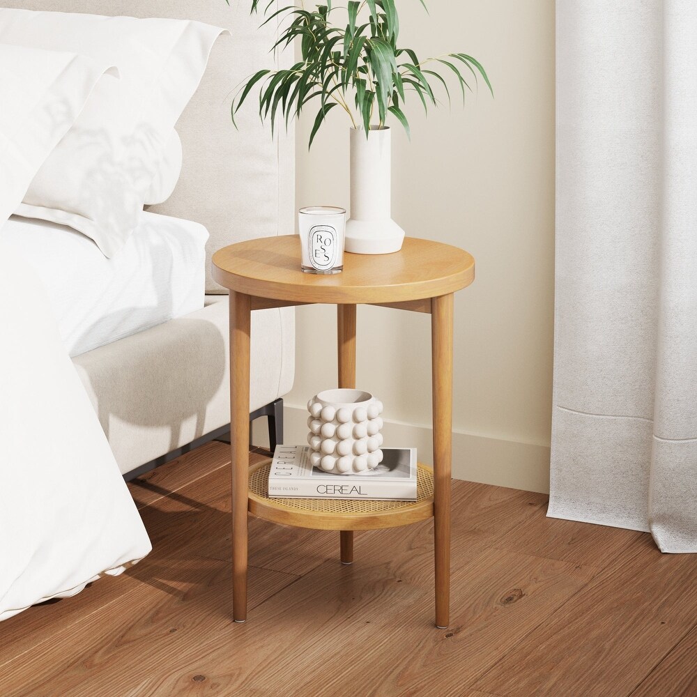 Nathan James Sonia Bohemian 2 Tier Round End Table in Light Wood With Rattan Storage Shelf