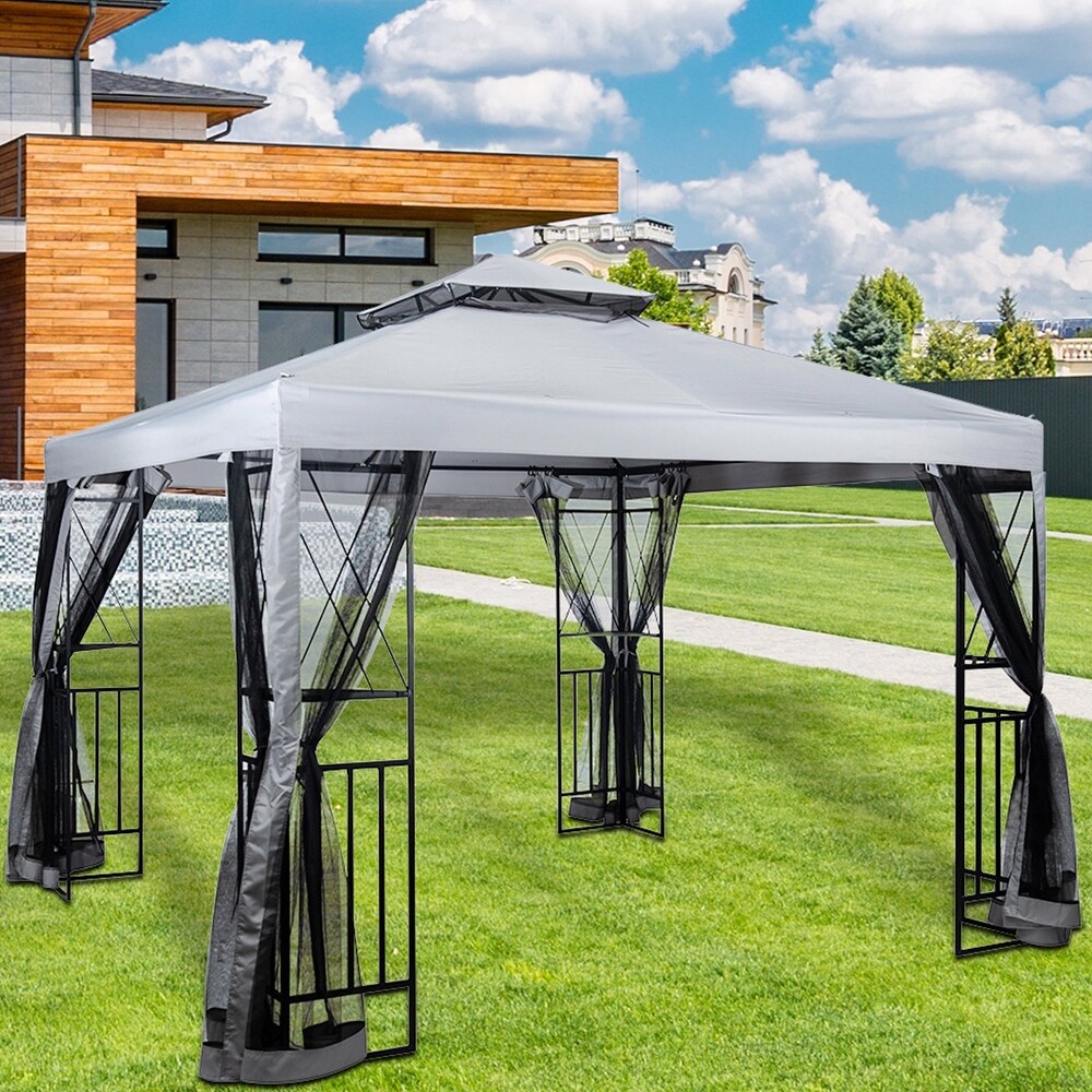 Light Gray 10x10 ft Patio Gazebo with Mosquito Net  Shelves  Ventilated Top