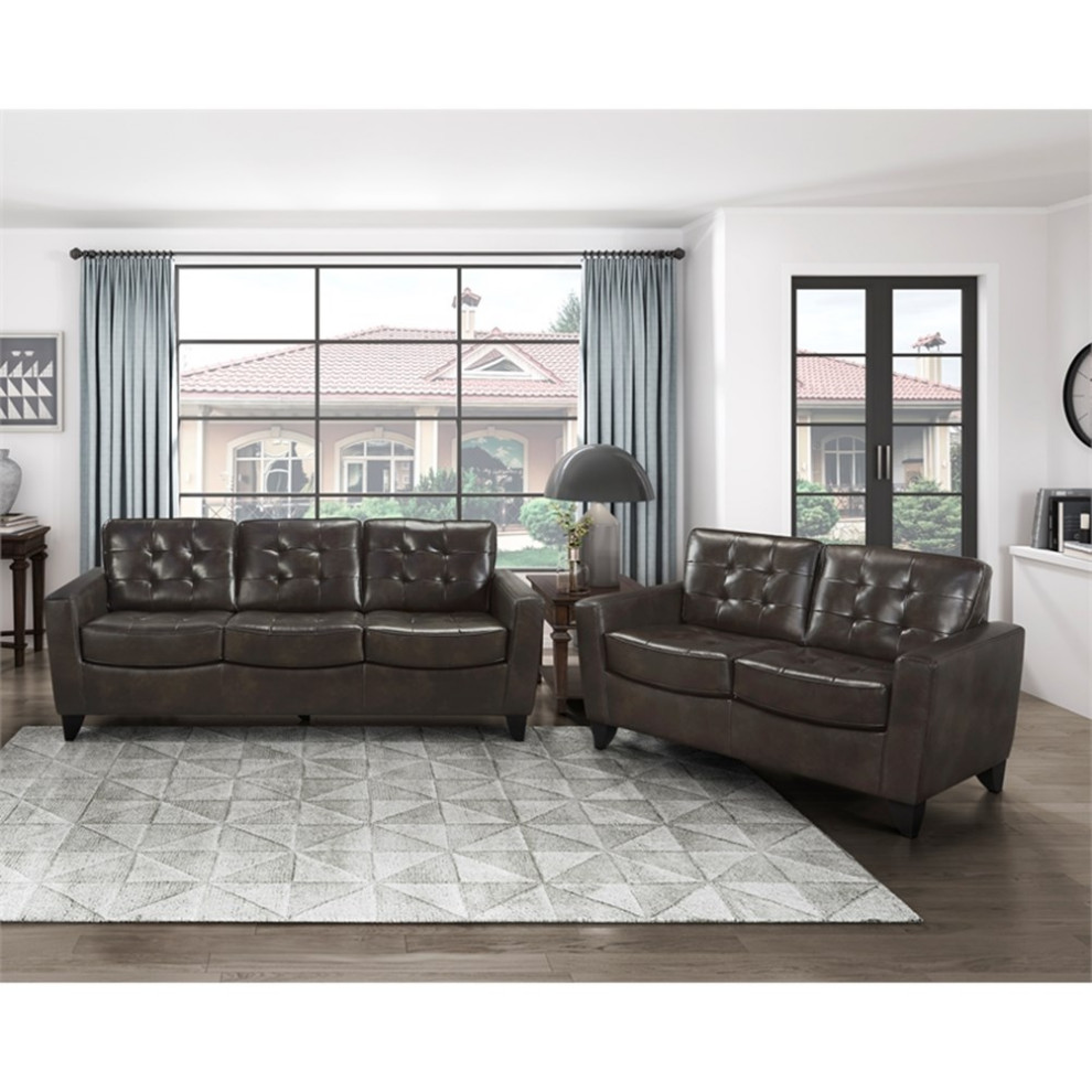 Lexicon Donegal Faux Leather Upholstered Love Seat in Dark Brown Color   Contemporary   Loveseats   by Homesquare  Houzz