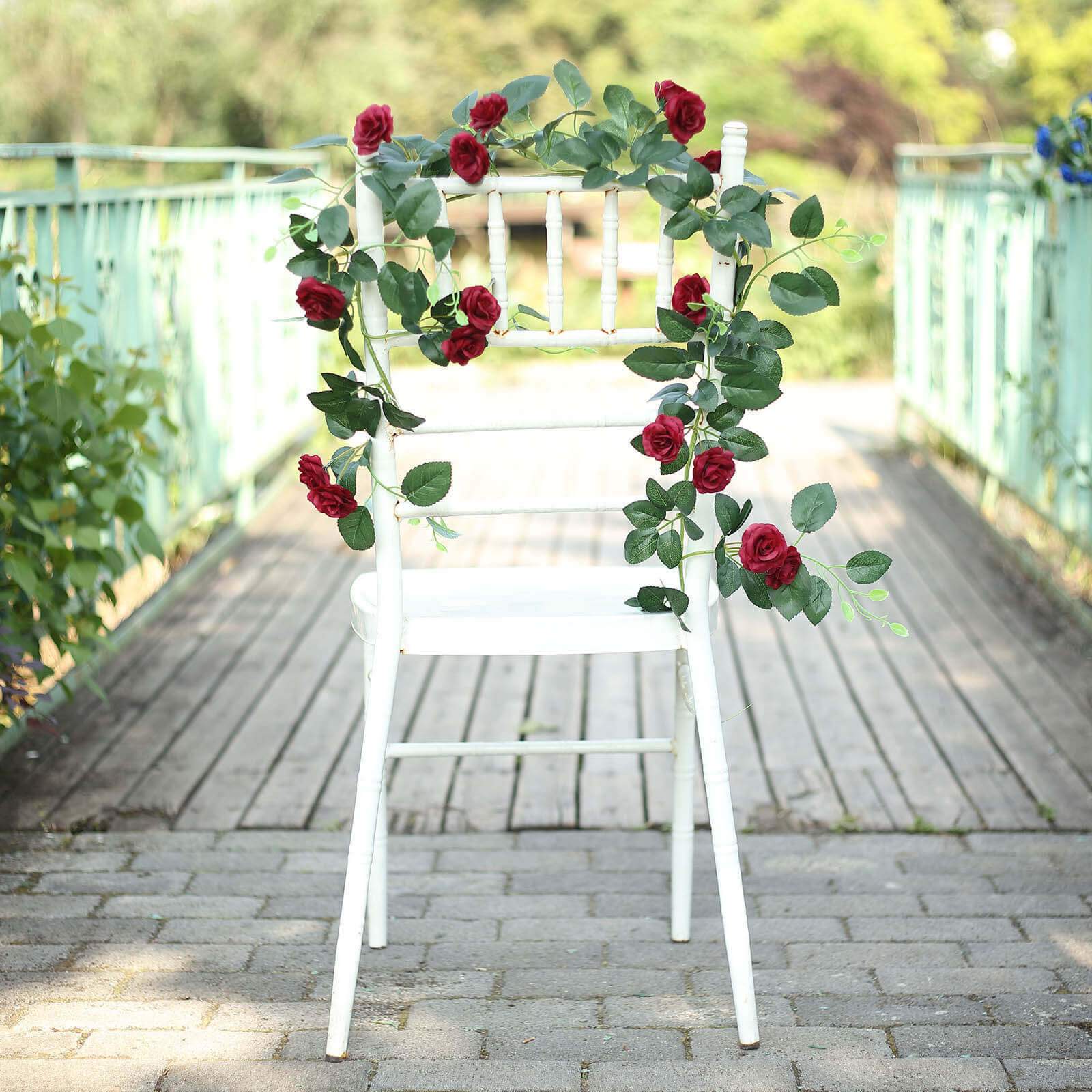 20 Burgundy Artificial Silk Roses Flower Garland, Hanging Vine 6ft