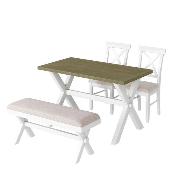 4-piece kitchen table with 2 upholstered x-backed chairs and bench (grey green + white + beige)