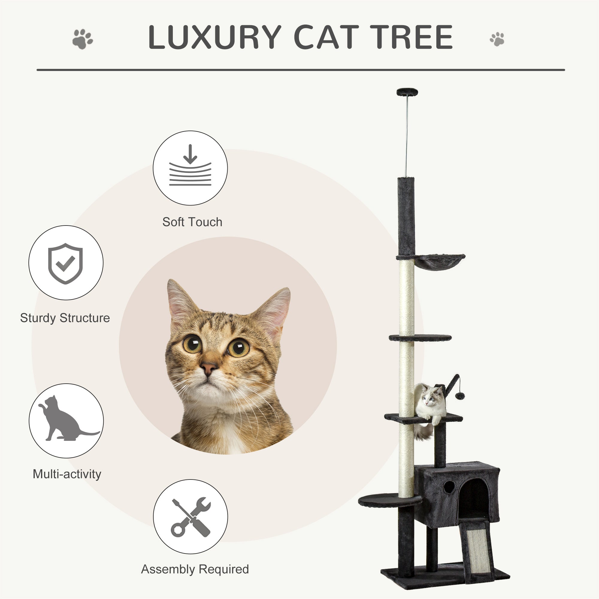 PawHut Cat Tower Adjustable Height w/ Scratching Board and Post， 93.75