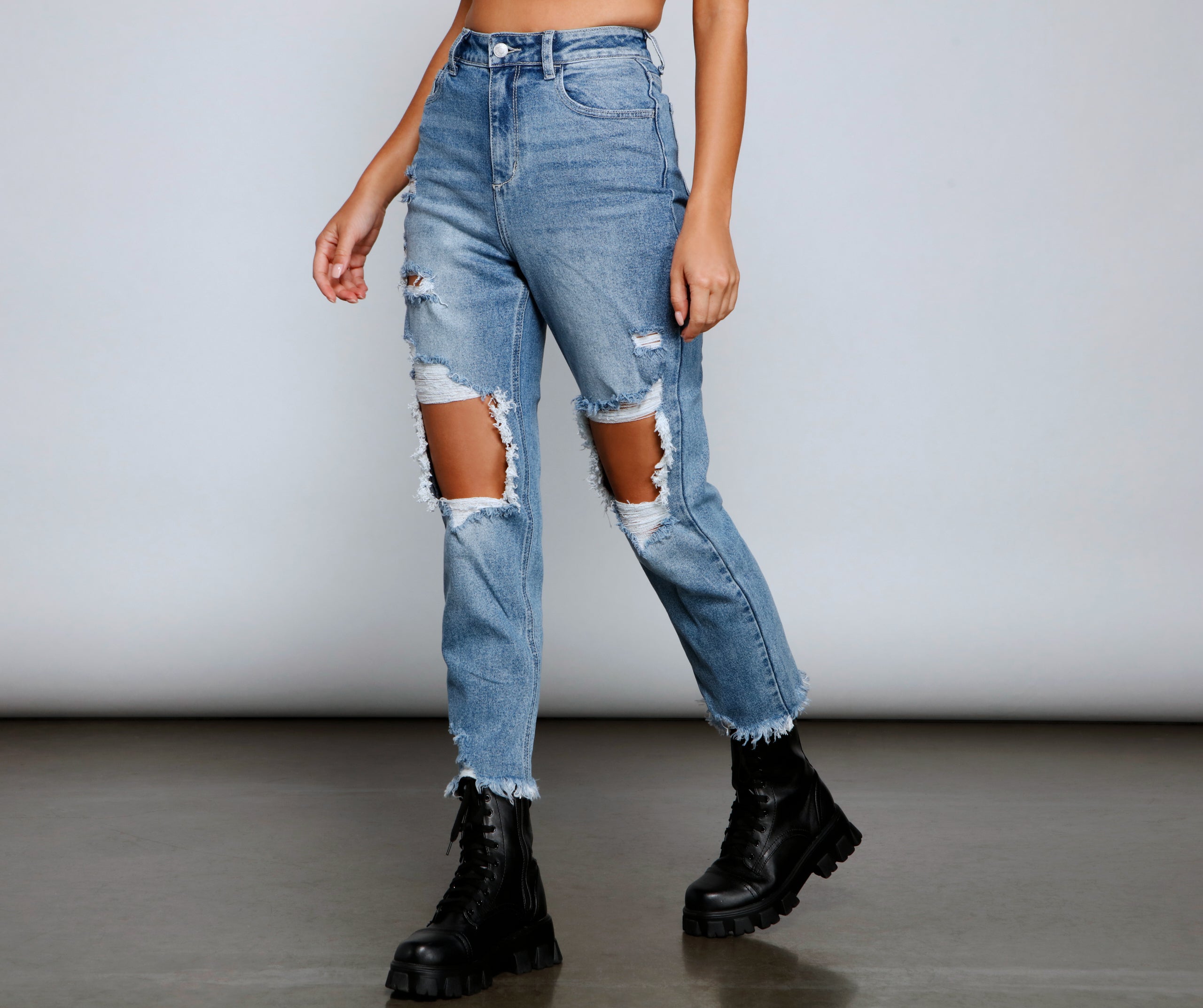 Rebel Chic High Rise Destructed Mom Jeans