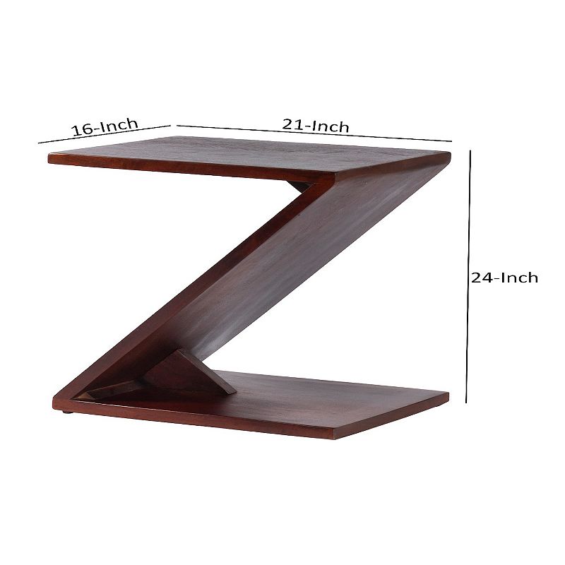 24 Inch Rectangular Mango Wood Side Table， Z Shaped Frame， Dark Brown