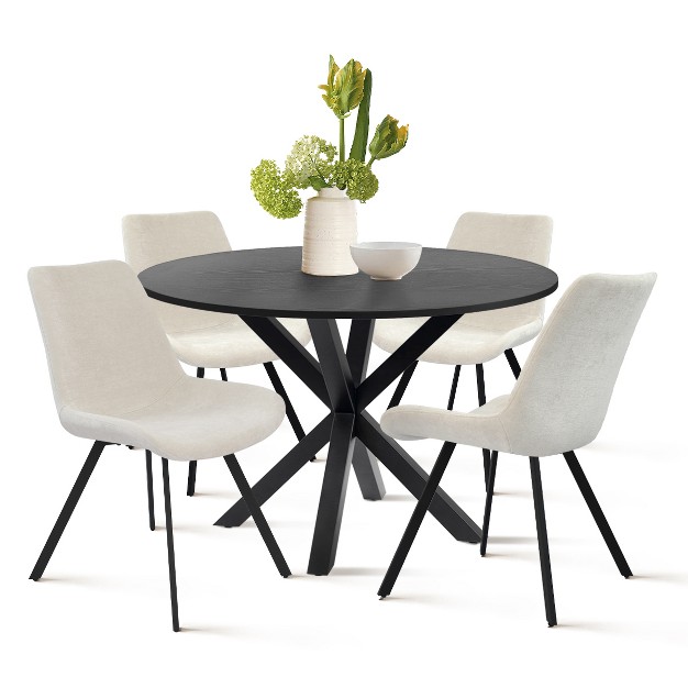 Gadgsetstore 5 piece Solid Black Round Dining Table Set With 4 Upholstered Dining Chairs With Black