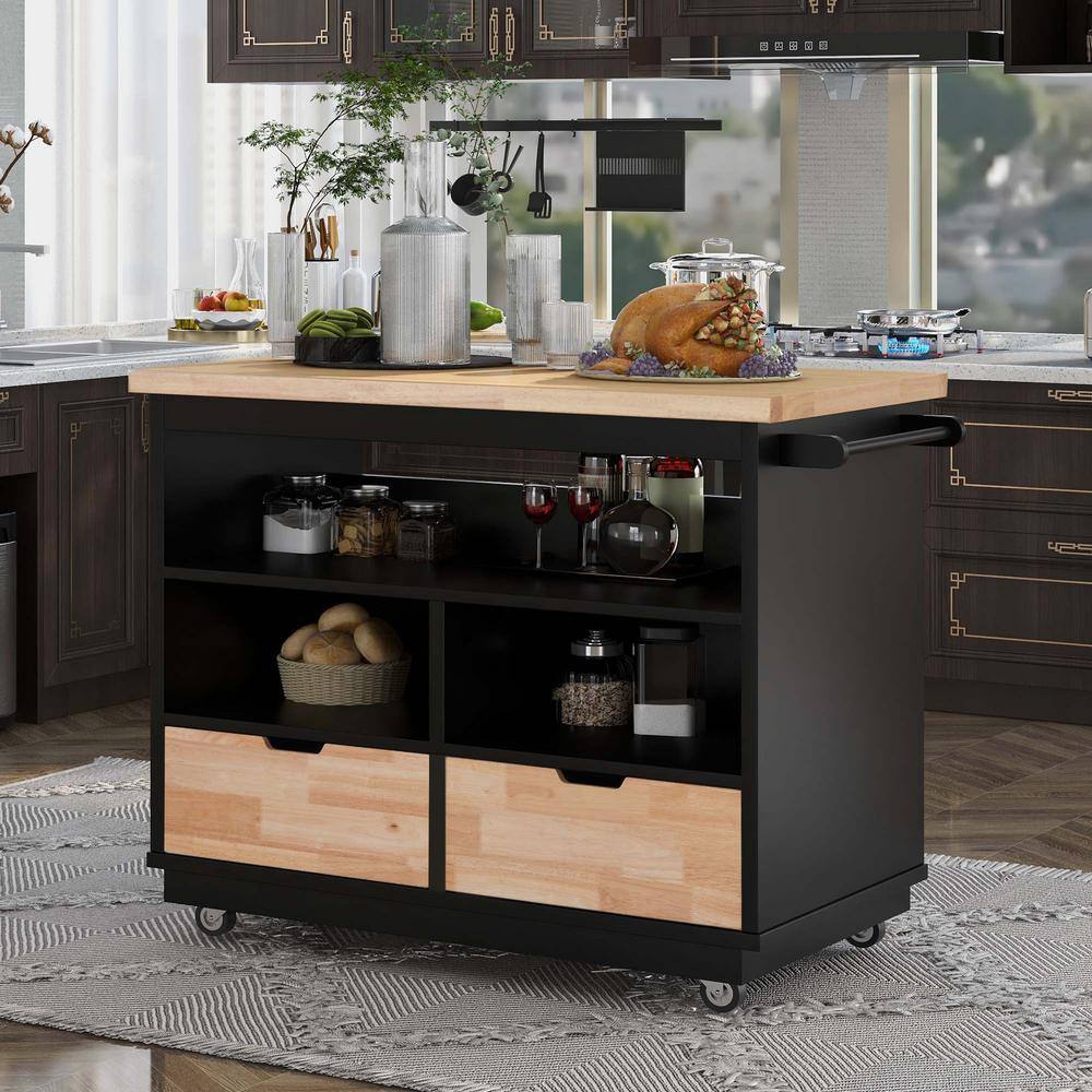 Whatseaso 46 in. Black New Design Kitchen Island with 2-Drawers and Tableware Cabinet LNN-K110501887