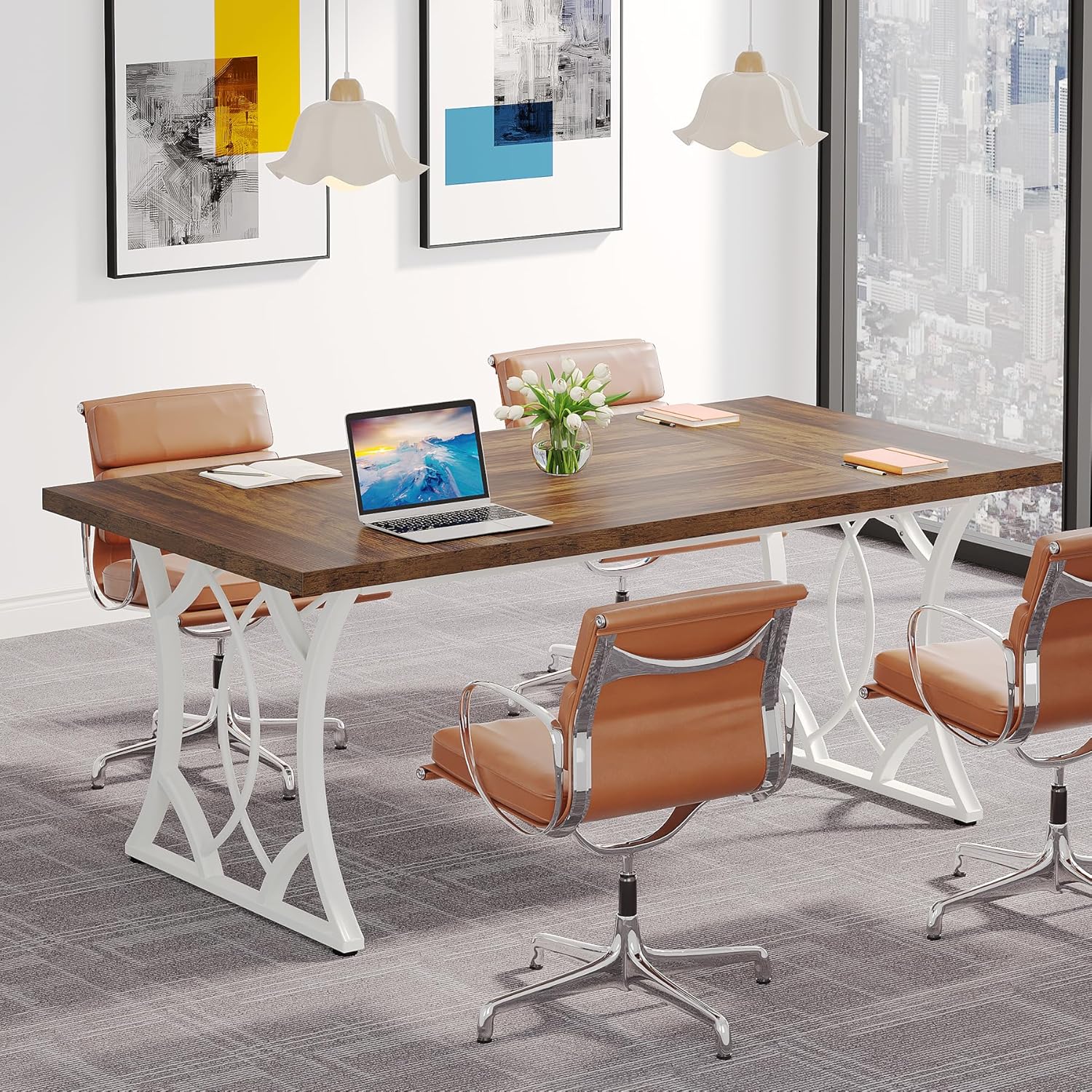 63-Inch Executive Desk, Industrial Computer Desk with Wooden Tabletop