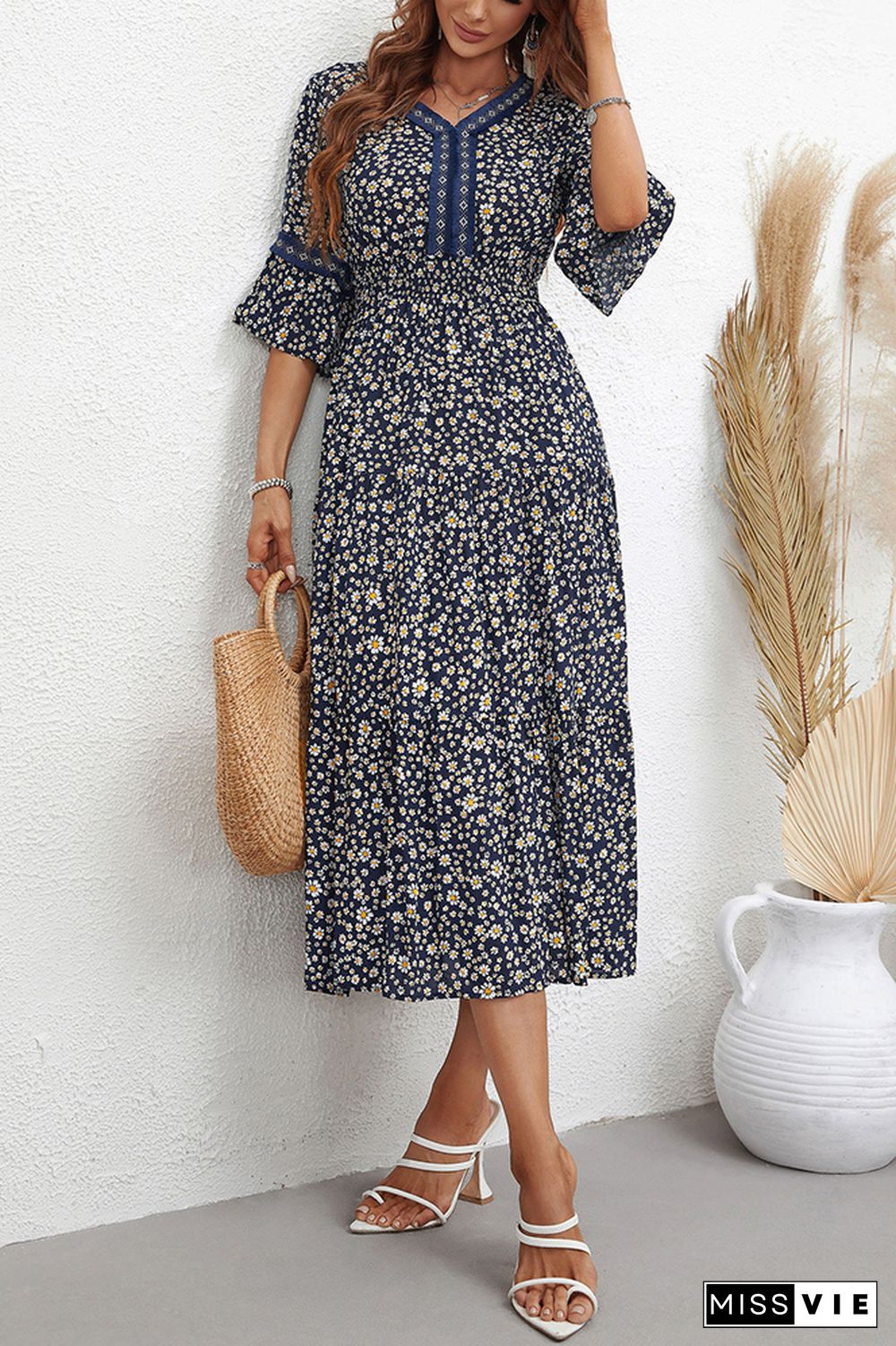 Half Sleeve Sunflower Print Patckwork Dress