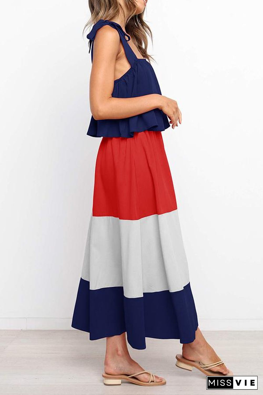 Lace-up Ruffled Colorblock Maxi Dress P13032