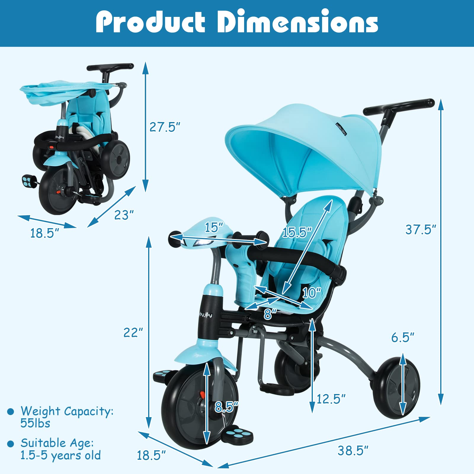 BABY JOY Toddler Tricycle, 6 in 1 Folding Tricycle W/ Adjustable Canopy & Push Handle