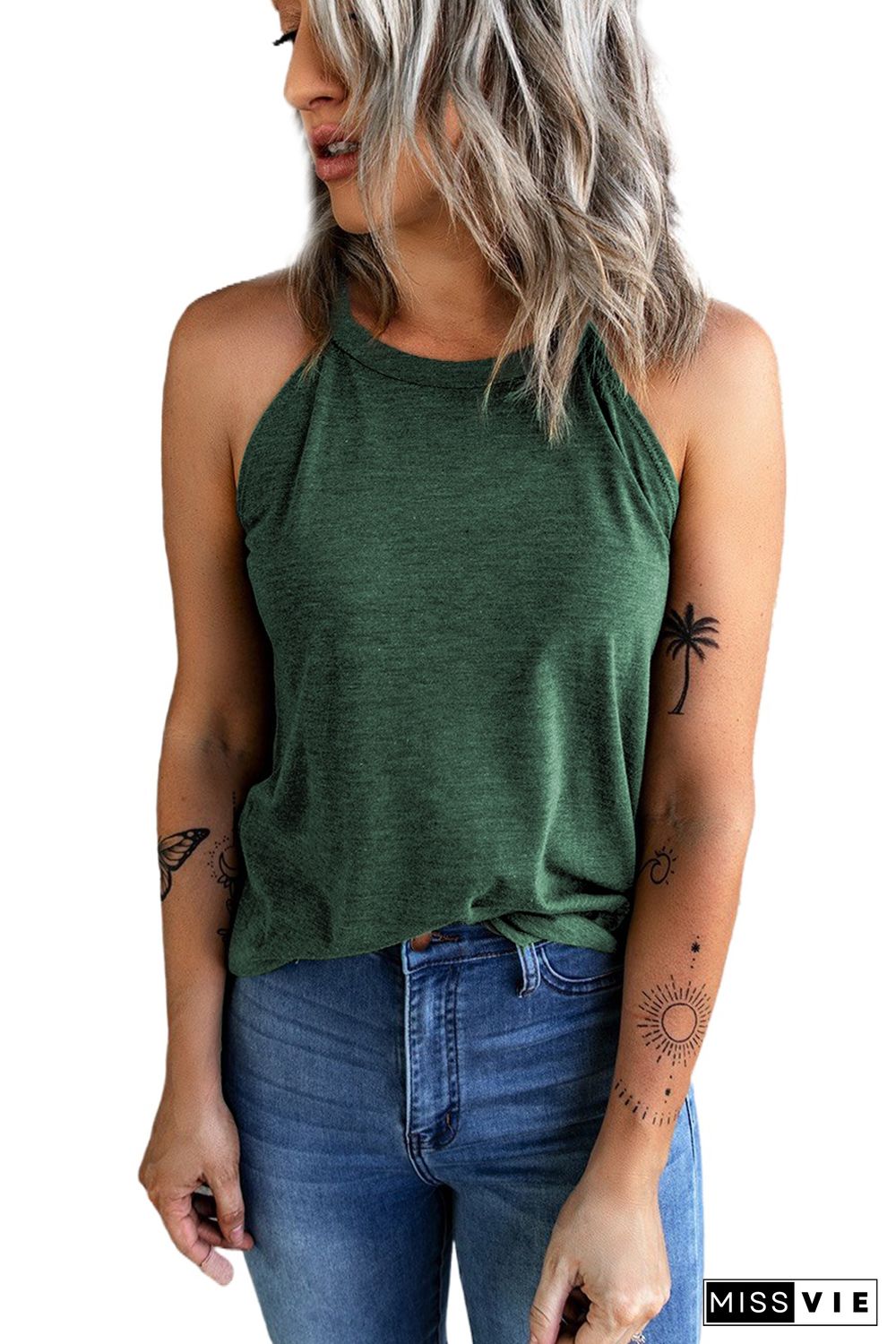 Green Solid Color Crew Neck Tank Top