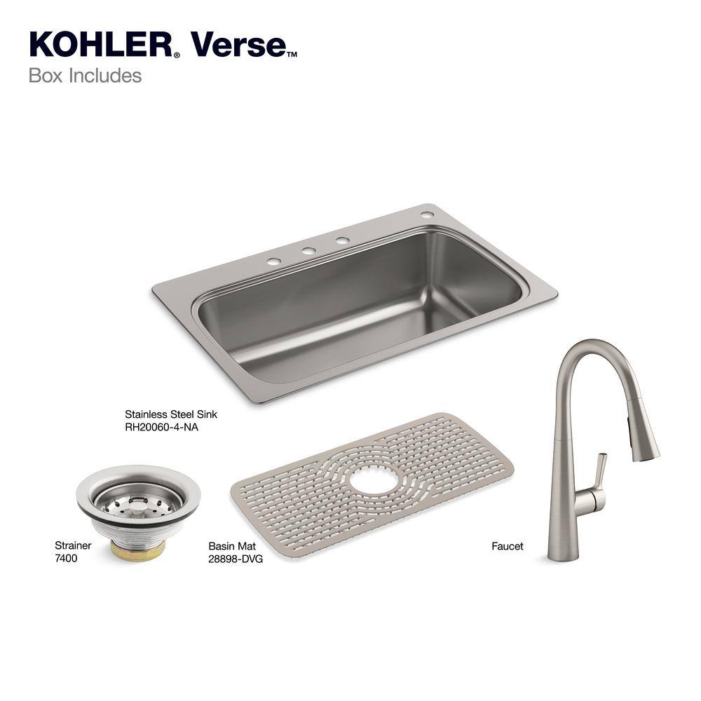 KOHLER Verse Stainless Steel 33 in. Single Bowl Drop-In Kitchen Sink with Faucet K-RH20060-1PC-NA