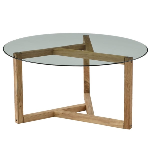 Round Coffee Table Modern Center Table with Tempered Glass Top Sofa Table with Sturdy Wood Base End Table for Living Room