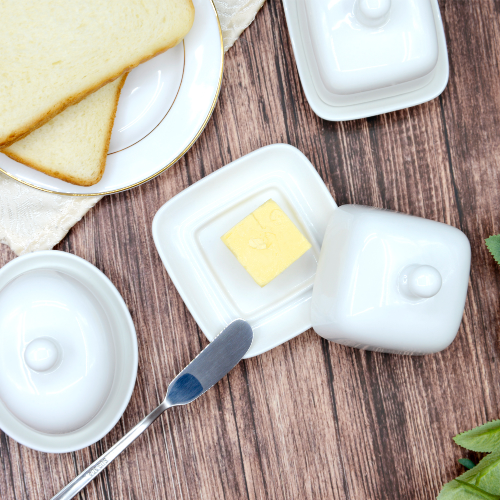 MKLZ Small Butter Dish with Lid， Individual Mini White Ceramic Butter Holder， Square