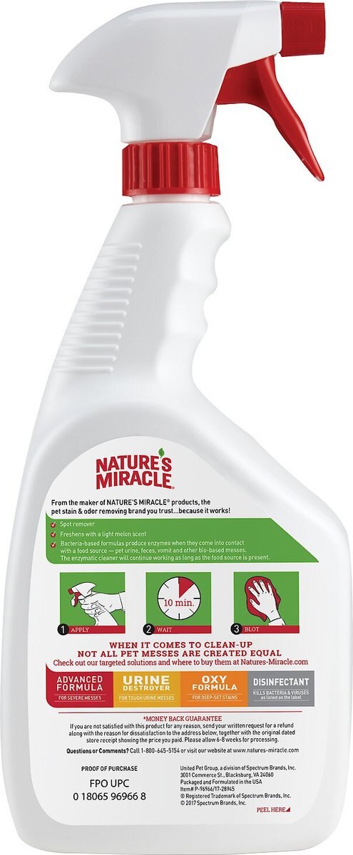 Nature's Miracle Dog Enzymatic Stain Remover and Odor Eliminator Spray， Melon Burst Scent， 32-oz bottle