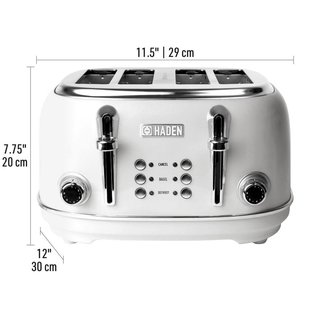 HADEN Heritage 1500-Watt 4-Slice White Wide Slot Retro Toaster with Removable Crumb Tray and Browning Control 75013