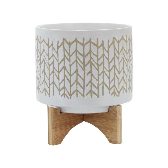 8 CHEVRON PLANTER w/ WOOD STAND  BEIGE B079106873