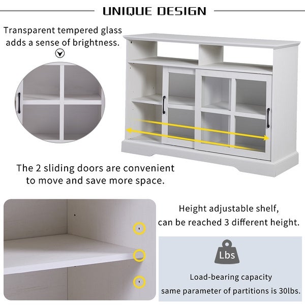 White Modern Kitchen Sideboard Buffet with 2 Glass Sliding Doors and Adjustable Shelves Storage Cabinet - N/A