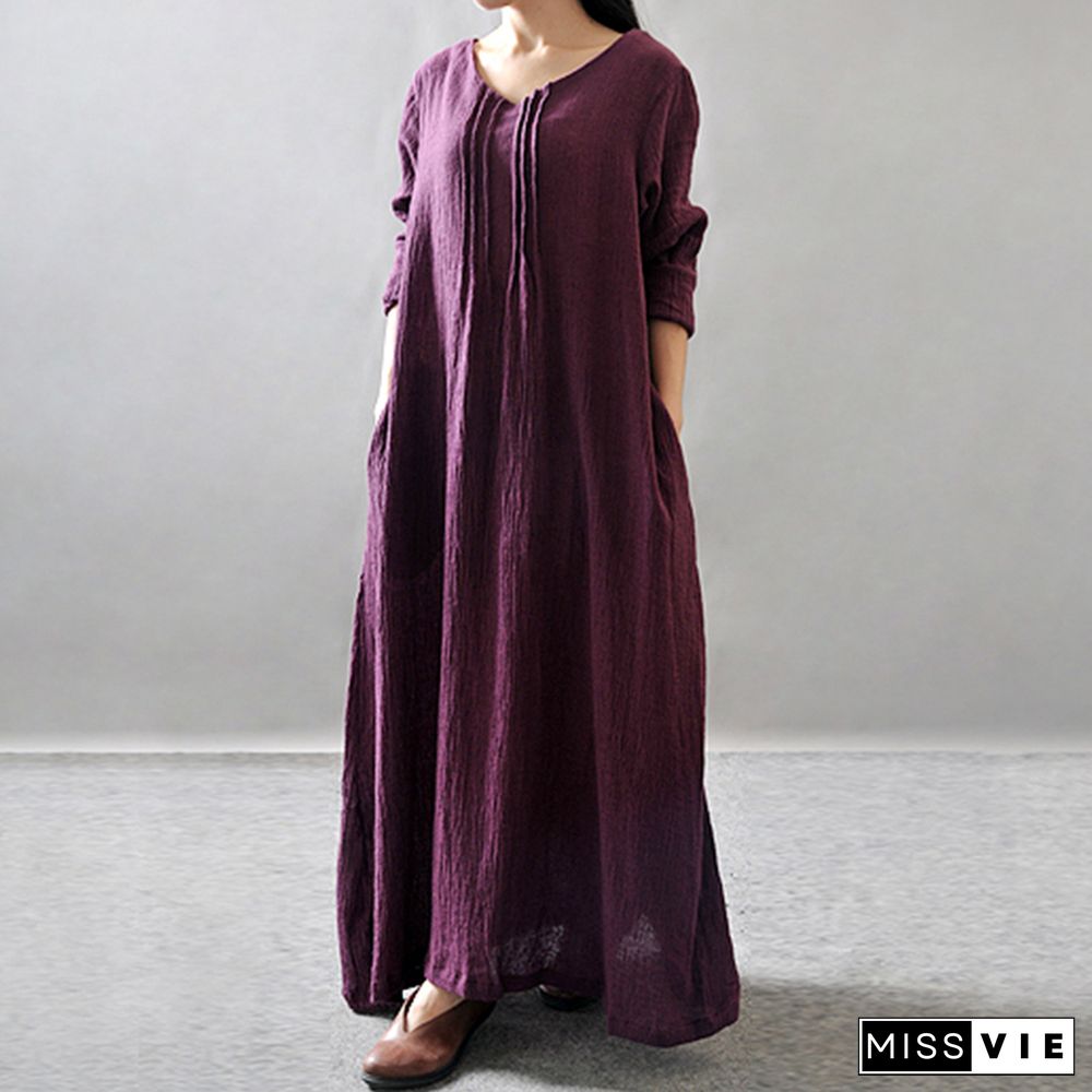 Solid Color Pleat Pocket Casual Maxi Dress