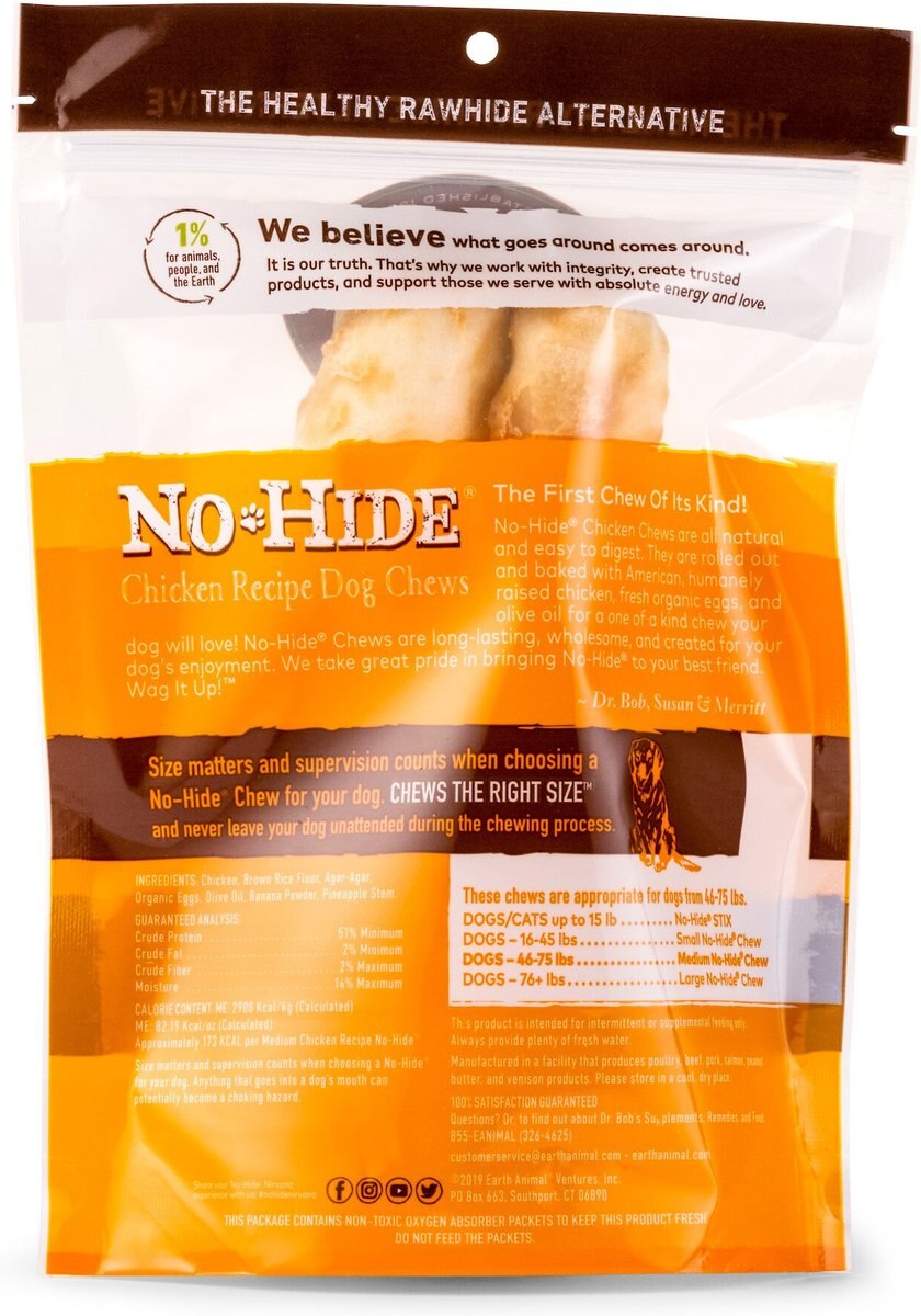 Earth Animal No-Hide Long Lasting Natural Rawhide Alternative Chicken Recipe Medium Chew Dog Treats， 2 count