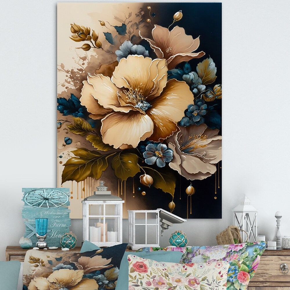 Designart 'Brown And Blue Hibiscus Bouquet I' Floral   Botanical Canvas Wall Art