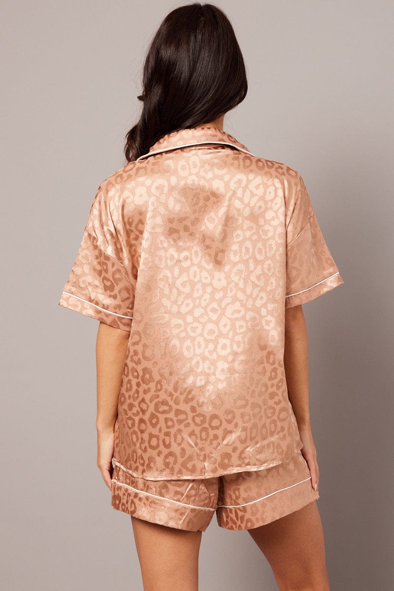 Brown Pj Set Satin Contrast Piping Pyjamas Set