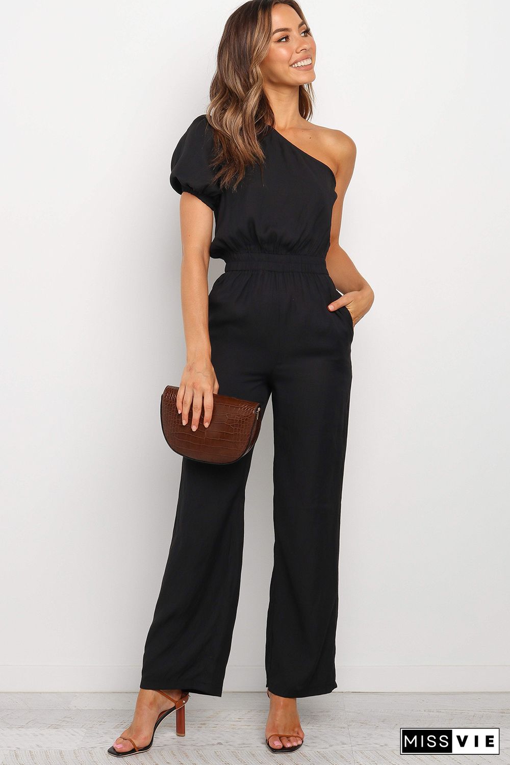 Black One Shoulder Puff Sleeve Elastic High Waist Jumpsuit