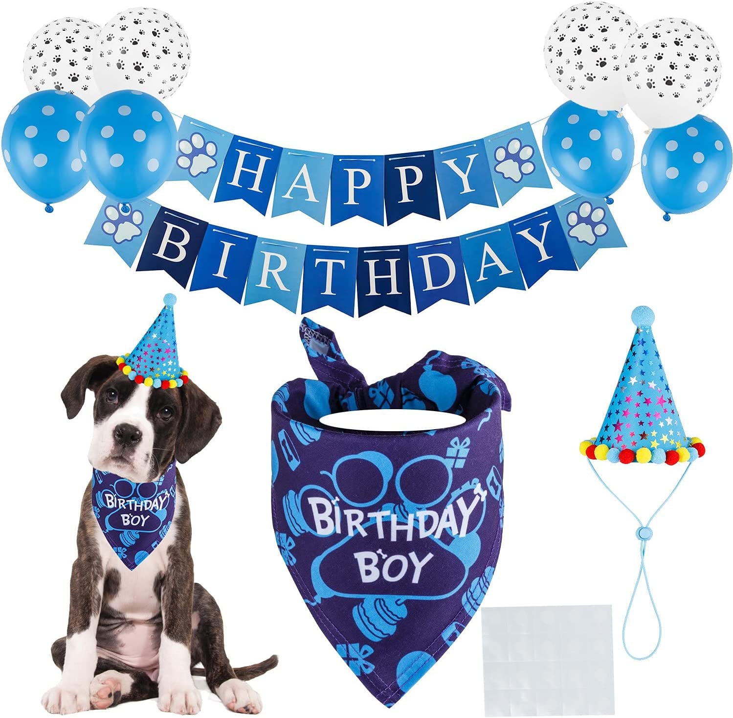 TCBOYING Dog Birthday Bandana， Dog Birthday Boy Hat Scarfs Flag Balloon with Cute Doggie Birthday Party Supplies Decorations(11-Piece Set)