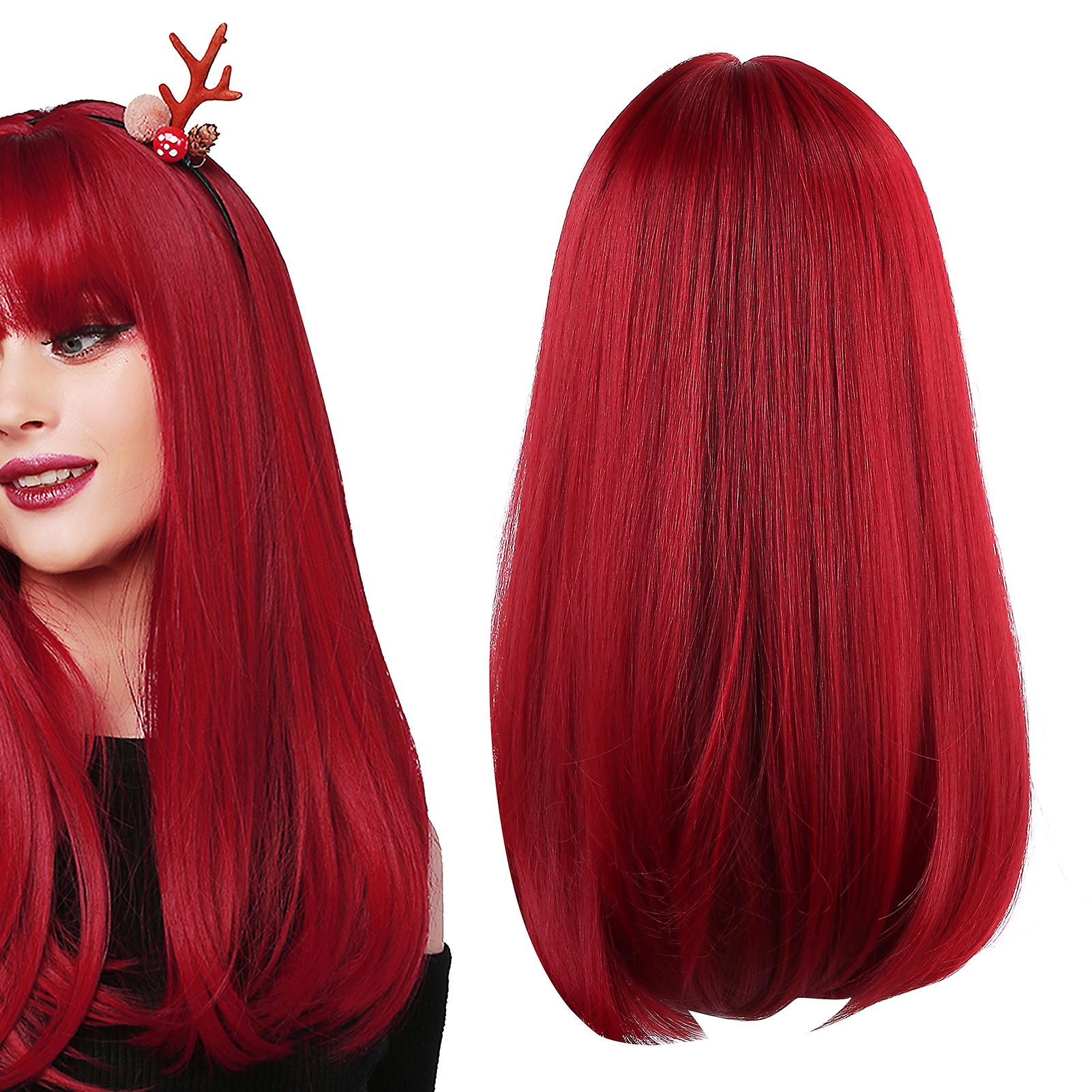 Red Long Straight Wig High Temperature Fiber Fake Hair With Straight Bang For Women 47cm